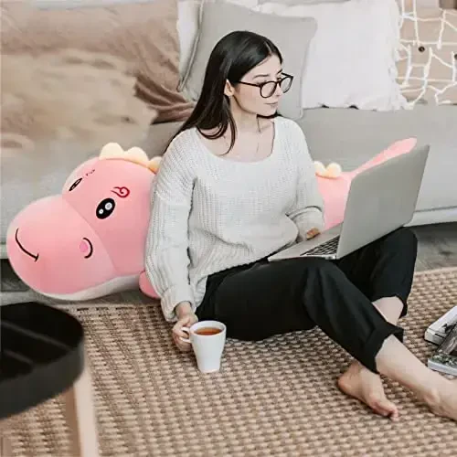 Cute Dinosaur Stuffed Animal Pillow, Soft Lumbar Back Cushion, Big Plushies, Great Gift for Kids Birthday, Valentine (Pink, 31.4in) - 3