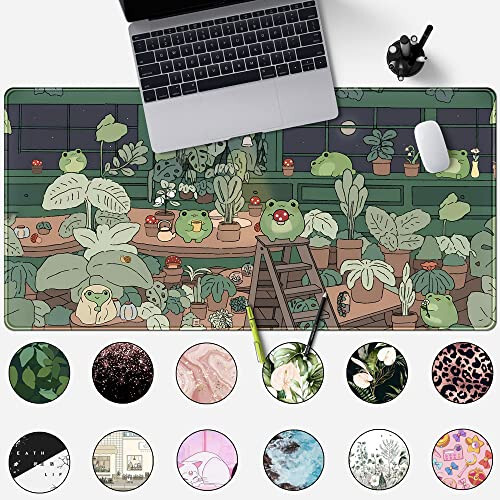 Cute Frog Mouse Pad Desk Pad Kawaii Green Desk Decor Mat, Large Gaming Mouse Pad for Desk Computer Keyboard Laptop, Desk Decor Home Office Accessories for Girl (31.5x15.7 in)-with Stitched Eges Pad - 2