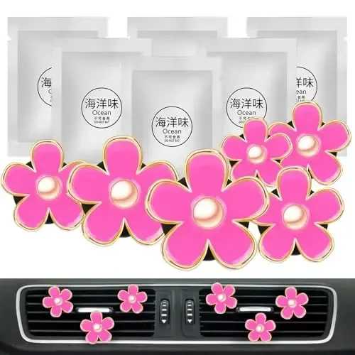 Cute Pink Car Accessories for Women Teens Girls 6pcs Boho Flowers Cars Air Fresheners Vent Clips Girly Automotive Truck Smell Freshener Gadgets Diffuser Aesthetic Decor Xmas Gifts for Mom - 1