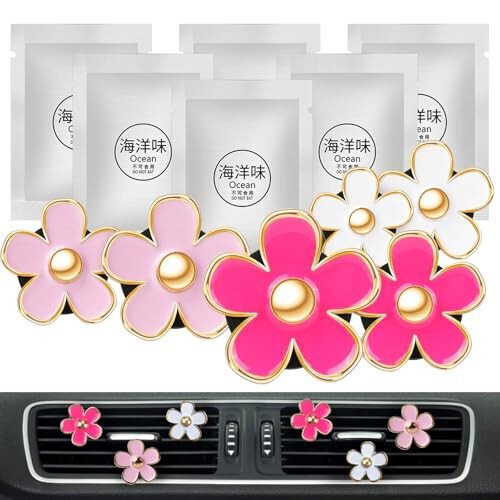 Cute Pink Car Decor Accessories for Women Teens, 6pcs Car Scent Air Fresheners Vent Clips, Girly Daisy Flower Decorations Interior Aesthetic Things Car Perfume Stuff Christmas Gifts for Her Mom Girl - 6