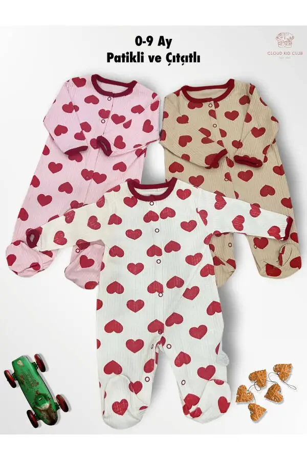 Cute Red Hearts 100% Cotton 3-Pack Baby Rompers 0-18 Months (Unisex) - 2