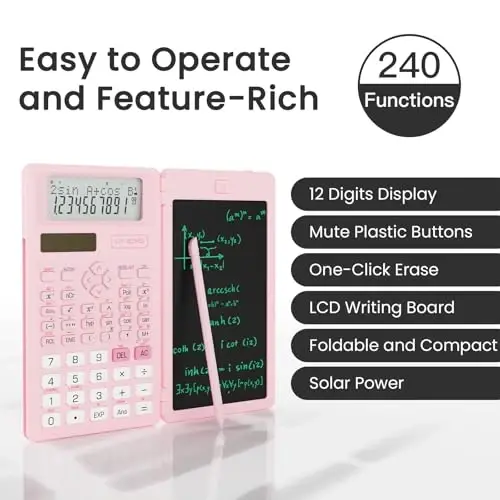Cute Scientific Calculator for Girls Students, 82 MS Foldable Science Calculator with Notepad Middle and High School Supplies, Pink - 2