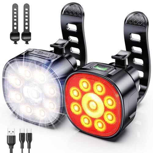 Cuvccn Bike Lights [8+7 Modes], USB Rechargeable Bike Lights Front and Back, Ultra Bright with Spotlight & Floodlight, IP65 Waterproof Bicycle Lights for Road Mountain Day/Night Cycling Safety - 2
