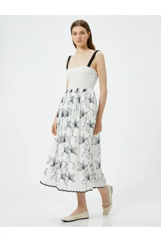 Цветочное Миди Платье С Кружевными Бретелями И Квадратным Вырезом - 1