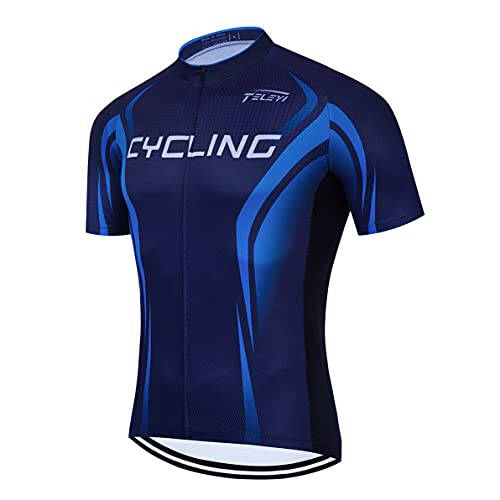 Cycling Jersey Men Bike Top Cycle Shirt Pockets Road Bicycle Clothing MTB Mountain Uniform Team Blouse Short Sleeve Quick Dry Biking Blue S - 1