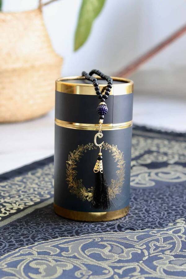 Cylinder Boxed Prayer Rug And Prayer Beads Set S1040 Black - 1