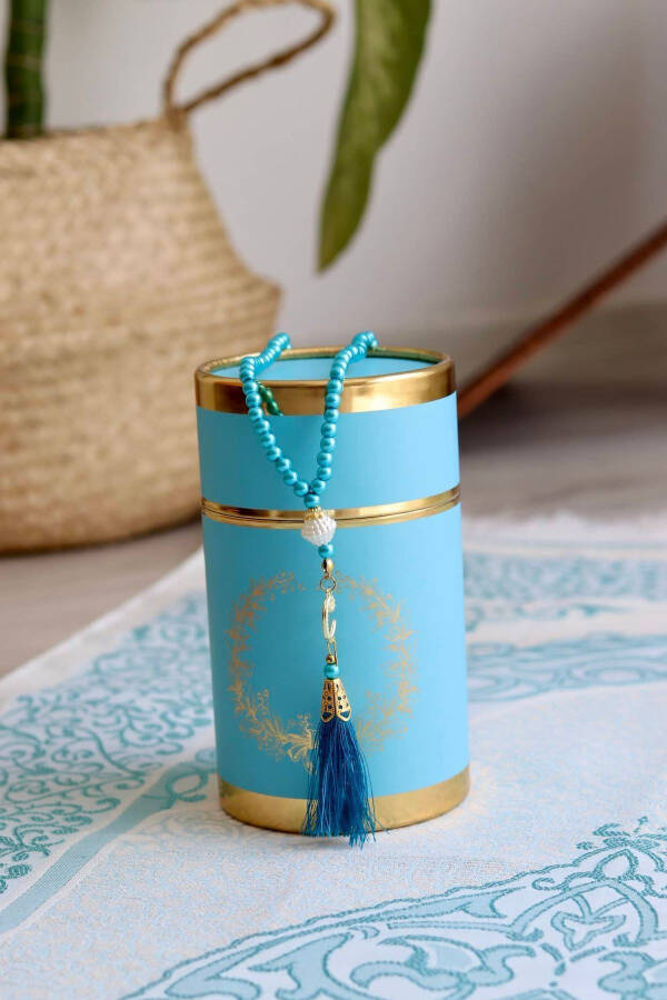 Cylinder Boxed Prayer Rug and Prayer Beads Set S1040 Blue - 1