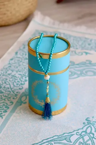Cylinder Boxed Prayer Rug and Rosary Set S1040 Blue - BILENLER (1)