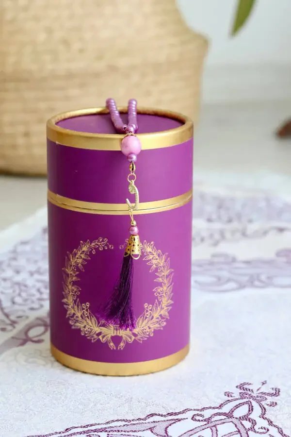 Cylinder Boxed Prayer Rug and Tasbeeh Set S1040 Purple - 1