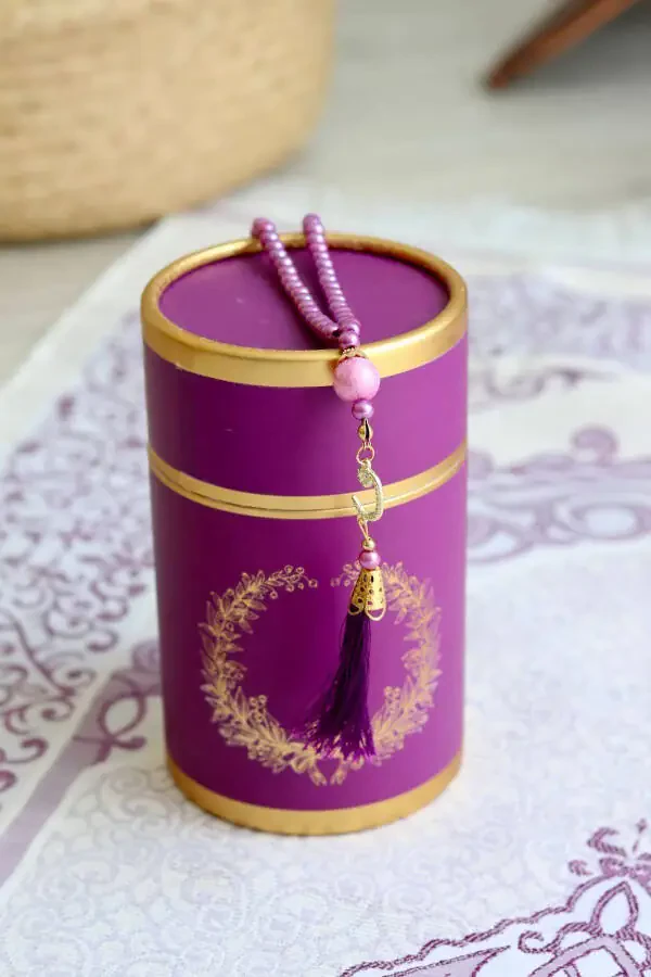 Cylinder Boxed Prayer Rug and Tasbeeh Set S1040 Purple - 2