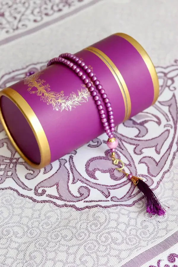 Cylinder Boxed Prayer Rug and Tasbeeh Set S1040 Purple - 3