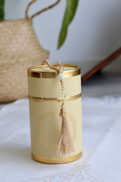 Cylinder Boxed Prayer Rug and Tasbih Set S1040 Yellow - BILENLER