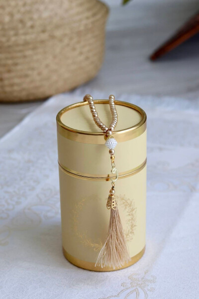 Cylinder Boxed Prayer Rug and Tasbih Set S1040 Yellow - BILENLER (1)