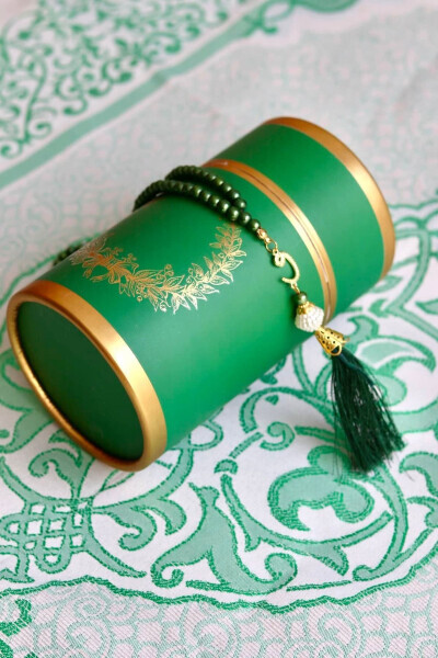 Cylindrical Boxed Prayer Mat And Tasbih Set S1040 Green - BILENLER (1)