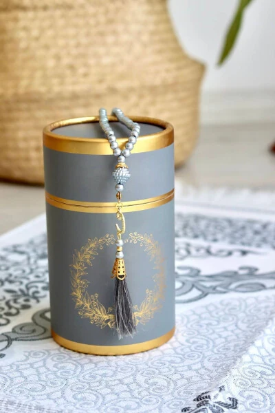 Cylindrical Boxed Prayer Rug And Tasbih Set S1040 Grey - Modazone