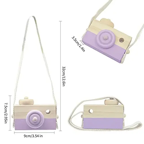 Cynzia Baby Wooden Mini Camera Toy, Kid Cute Mini Sharpe Toy Neck Hanging Photographed Props for Toddlers Children Kids' Room Hanging Decor Gift (Purple) - 6