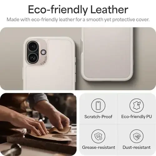 CYRILL Kajuk Mag Compatible with iPhone 16 Plus Case Leather, Premium Vegan Leather Phone Case for iPhone 16 Plus with [Shock-Absorbent] Bumpers [Compatible with MagSafe] - Cream - 6