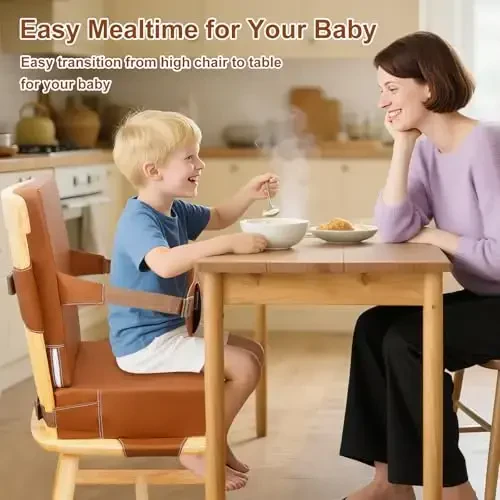 Czrrzl Toddler Booster Seat for Dining Table Kitchen Chair, Waterproof Non-Slip with Backrest & Adjustable Straps, Portable PU Travel Baby Kids Booster Seat Cushion - 4