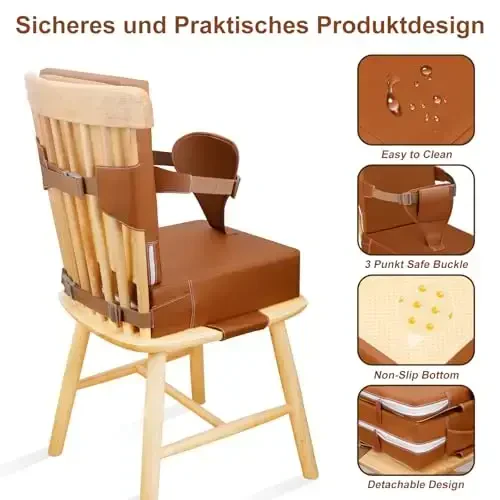 Czrrzl Toddler Booster Seat for Dining Table Kitchen Chair, PU Waterproof Booster Seat Dining Table with Backrest Adjustable Straps Non-Slip Portable Travel Increasing Booster Cushion Kids Child(BN) - 6