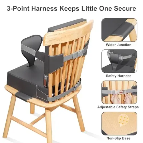 Czrrzl Toddler Booster Seat for Dining Table Kitchen Chair, Waterproof Non-Slip with Backrest & Adjustable Straps, Portable PU Travel Baby Kids Booster Seat Cushion - 5