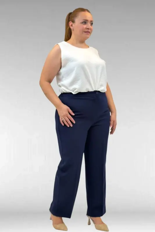 D-29021 Büyük Beden Beli Düğmeli Double Pantolon - Lacivert - BÜYÜKBEDENIZ