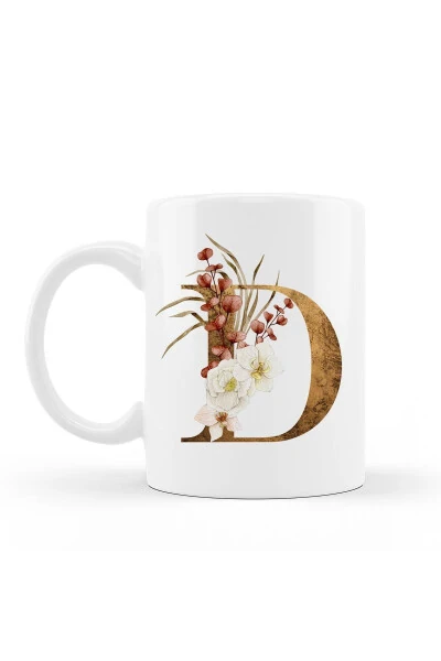 D Harfli Kupa Bardak - D Harfine Özel Çiçek Tasarımlı Çay / Kahve Kupası-D - 8