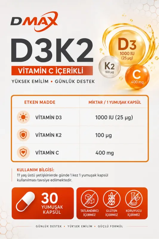 D-max Vitamin D3k2 Vitamin C 30 dona yumshoq jel kapsulasida yuqori so'rilishiga ega formulasi bilan - 3