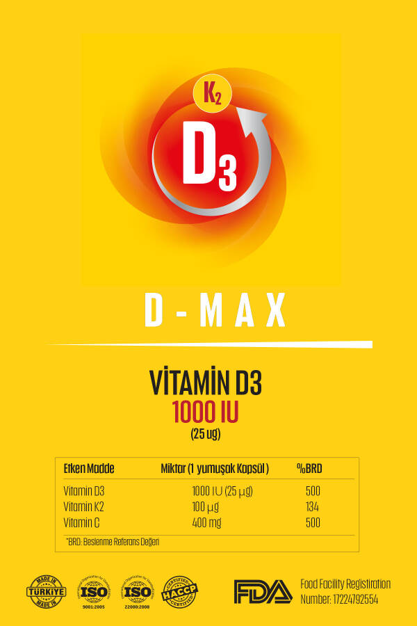 D-max Vitamin D3k2 Vitamin C 30 dona yumshoq jel kapsulasida yuqori so'rilishiga ega formulasi bilan - 20