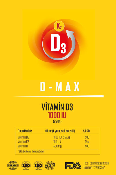 D-max Vitamin D3k2 Vitamin C 30 dona yumshoq jel kapsulasida yuqori so'rilishiga ega formulasi bilan - 15