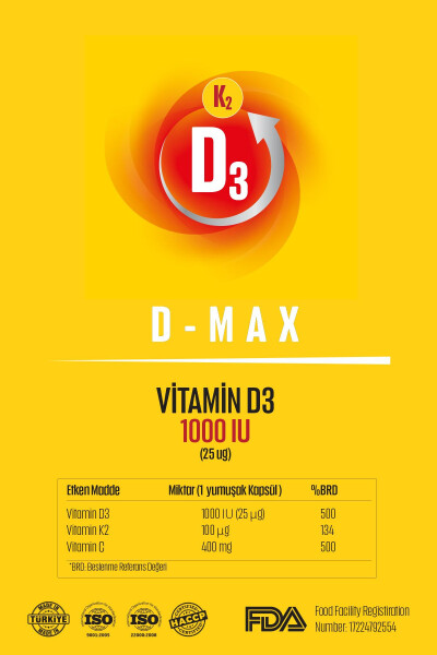 D-max Vitamin D3k2 Vitamin C 30 dona yumshoq jel kapsulasida yuqori so'rilishiga ega formulasi bilan - 2