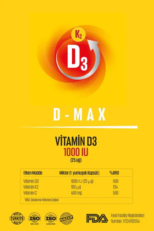 D-max Vitamin D3k2 Vitamin C 30 dona yumshoq jel kapsulasida yuqori so'rilishiga ega formulasi bilan - 3