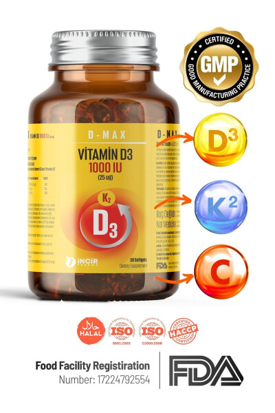 D-max Vitamin D3k2 Vitamin C İçerikli 30 Adet Soft Jel Kapsül Yüksek Emilim Düzeyine Sahip Formül - 19