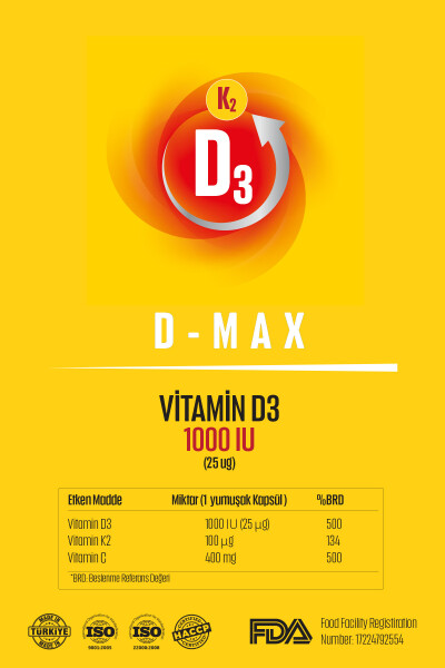 D-max Vitamin D3k2 Vitamin C İçerikli 30 Adet Soft Jel Kapsül Yüksek Emilim Düzeyine Sahip Formül - 20