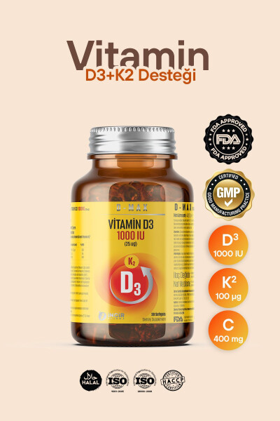 D-max Vitamin D3k2 Vitamin C İçerikli 30 Adet Soft Jel Kapsül Yüksek Emilim Düzeyine Sahip Formül - 14