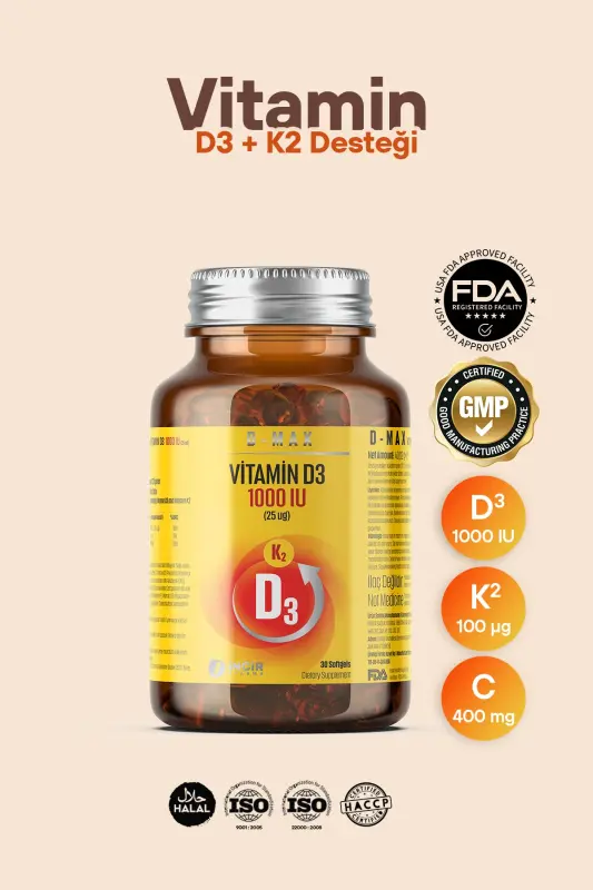 D-max Vitamin D3k2 Vitamin C Içerikli 30 Adet Soft Jel Kapsül Yüksek Emilim Düzeyine Sahip Formül - DMAX