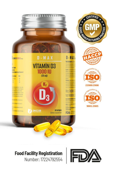 D-max Vitamin D3k2 Vitamin C İçerikli 30 Adet Soft Jel Kapsül Yüksek Emilim Düzeyine Sahip Formül - 24