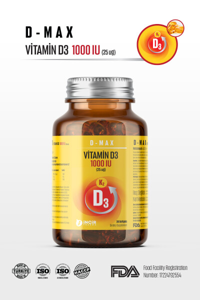 D-max Vitamin D3k2 Vitamin C İçerikli 30 Adet Soft Jel Kapsül Yüksek Emilim Düzeyine Sahip Formül - 25