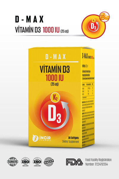 D-max Vitamin D3k2 Vitamin C İçerikli 30 Adet Soft Jel Kapsül Yüksek Emilim Düzeyine Sahip Formül - 29