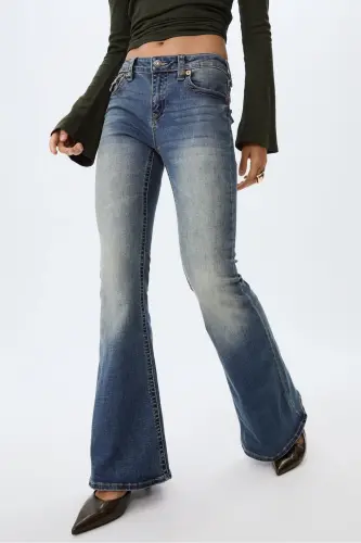 D04 Düşük Bel Çan Paça Jean-Mavi denim - 1