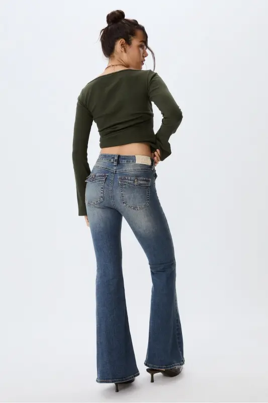 D04 Düşük Bel Çan Paça Jean - Mavi denim - 4