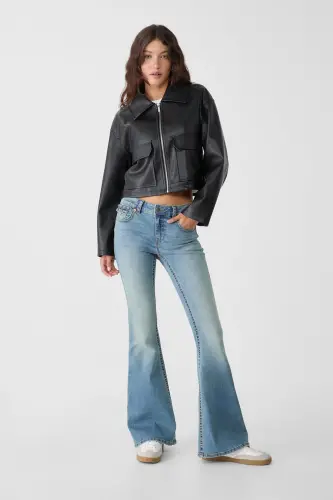D04 düşük bel İspanyol paça jean - Açik mavi denim 