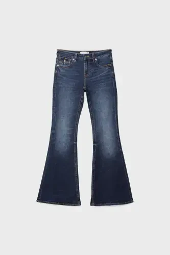 D04 düşük bel İspanyol paça jean-SOLUK EFEKTLİ ORTA MAVİ DENIM - 6