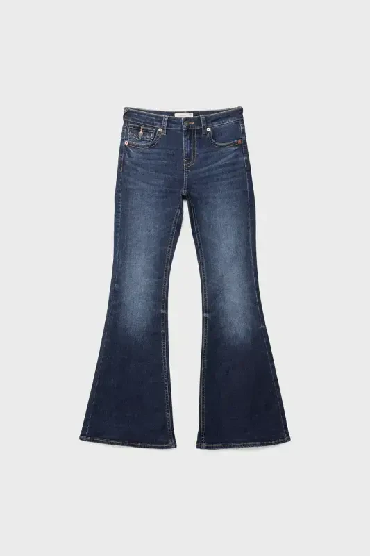 D04 düşük bel İspanyol paça jean-SOLUK EFEKTLİ ORTA MAVİ DENIM - 6