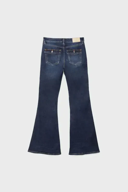 D04 düşük bel İspanyol paça jean-SOLUK EFEKTLİ ORTA MAVİ DENIM - 7