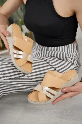 D24yt 2130 Beige Genuine Leather Women's Wedge Sandals - 1