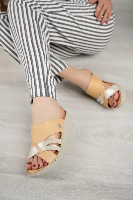 D24yt 2130 Beige Genuine Leather Women's Wedge Sandals - 2