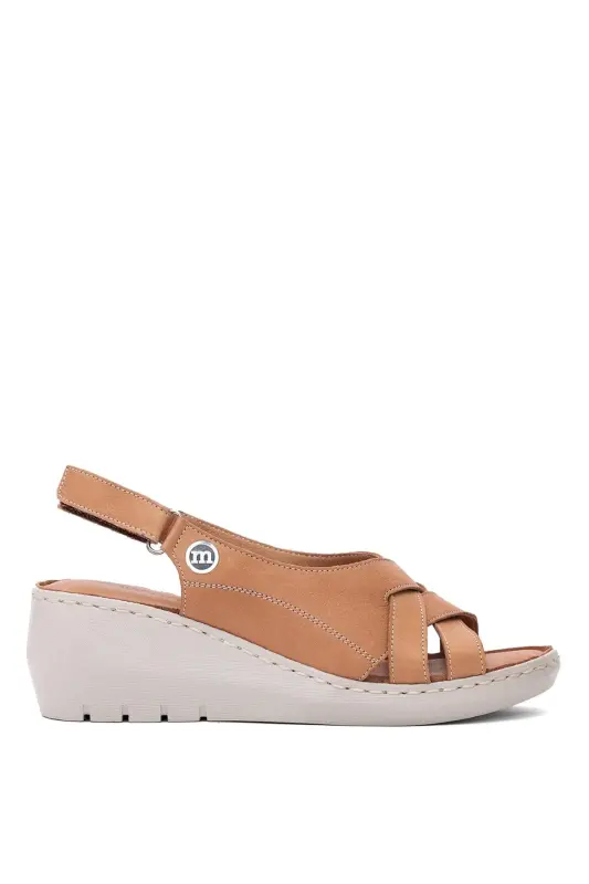 D25YS-2510 Women's Genuine Leather Wedge Heel Sandals Tan-Tan - 1