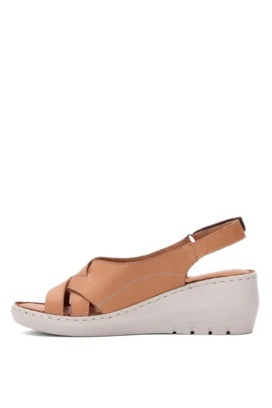 D25YS-2510 Women's Genuine Leather Wedge Heel Sandals Tan-Tan - 3