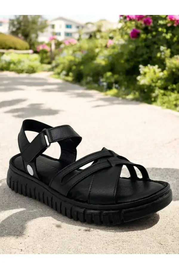 D25ys-2555 Black Genuine Leather Full Orthopedic Women's Everyday Sandal - 1