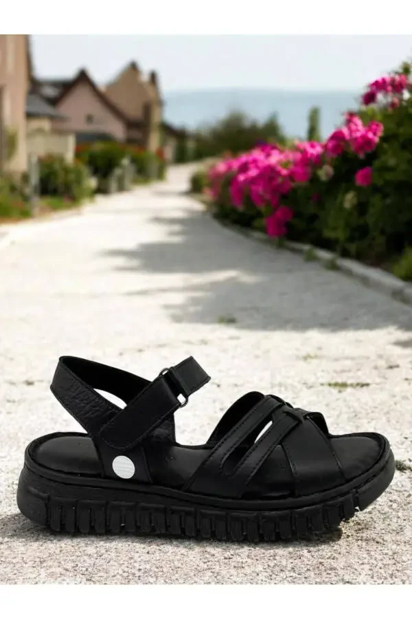 D25ys-2555 Black Genuine Leather Full Orthopedic Women's Everyday Sandal - 2